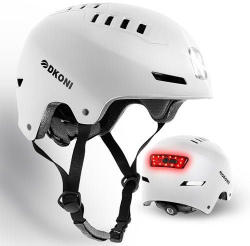 DKONI Bike Helmet with LED Lights Bicycle Helmets Commuter Cycling Helmet USB Rechargeable Front & Back LED Light Helmet for Adult Men Women (White, M: 21.2″-22.5″(54-58cm))