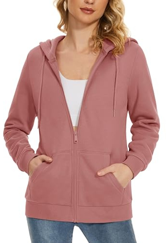 MAGCOMSEN Women's Fleece Lined Zip Up Hoodies Casual Hooded Jacket Workout Full Zip Sweatshirts Pocket Coats Pink XL