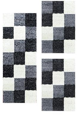 Carpetsale24 Bettumrandung Schlafzimmer 3 teilig Shaggy Hochflor Teppich Schwarz Bettvorleger Schlafzimmer Bettset: 2 St. 60x110 cm | 1 St. 80x150 cm - Teppich Läufer Set Kariert Design