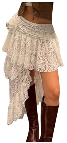 Falda de encaje asimétrica bohemia francesa con diseño ahuecado estilo vacacional, falda midi para mujer faldas auriculares, Blanco, M