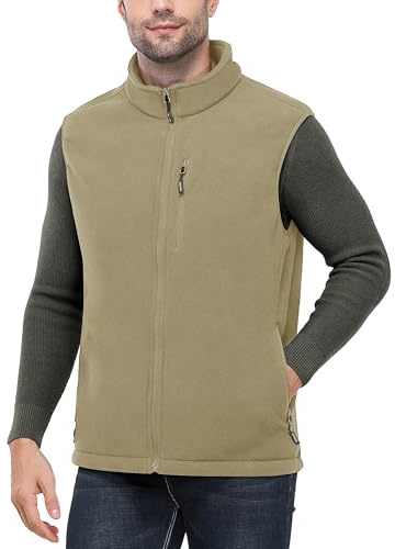 Outdoor Ventures Fleeceväst för män full dragkedja varm herrväst ärmlös jacka med 5 fickor ventilerande utomhus sport kroppsvärmare väst för vandring camping, Ljusbrun, L