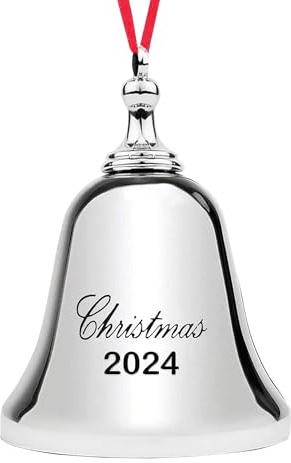 2024 julprydnad – elegant silver julklocka prydnad 2024 med rött band. Bjällerklocka 2024