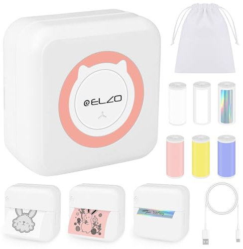 ELZO Bluetooth Etikettendrucker Selbstklebend mit 6 Rolle Etiketten,Tragbarer Mini Thermo Etikettiergerät mit USB Aufladen für Kleine Unternehmen,Home Office Organisation mit Handy & PC