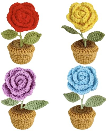 Magicherry 4 Pieces Crochet Flowers Potted Plants Hand Knitted Rose Artificial Woolen Yarn Flowers for Car Dashboard Home Office Table Centerpiece Shelf Decor,Color#C