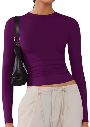 ARCFEETORY Women's Soft Long Sleeve Shirts Crew Neck Tops Basic Tees Stretchy Going Out Crop Tops Y2K Slim Fit T-Shirts Dark Purple XXL
