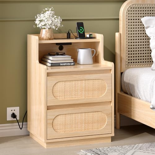 VINGLI Rattan Nightstand with Charging Station, Boho Nightstand with Drawers and Shelves, Wood Night Stand Bedroom, Real Rattan Bed Side Table/End Table，17.72 W*13.86 D*25.6 H