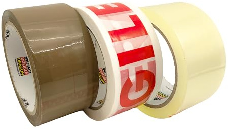 Double Dragon Mixed Packing Tape Multipack –66m Long, 48mm Wide, 3 Rolls| Brown, Clear & Fragile Printed Tape Rolls | Secure Adhesive Sealing Cellotape Tape for Parcels, Moving Boxes & Storage