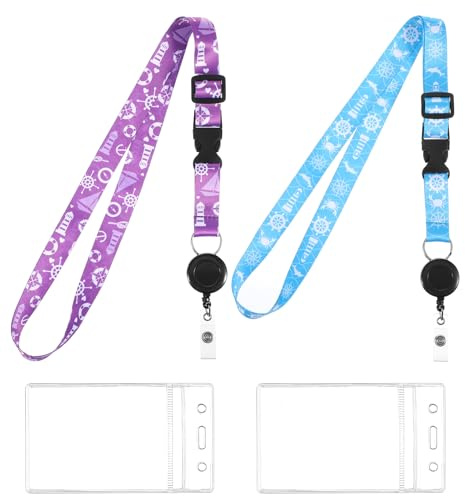 Juego de 2 fundas para tarjetas con cinta, colgante de tarjetas de embarque, collar extensible con funda impermeable de identificación de poliéster suave para cruceros y conferencias (azul/morado)