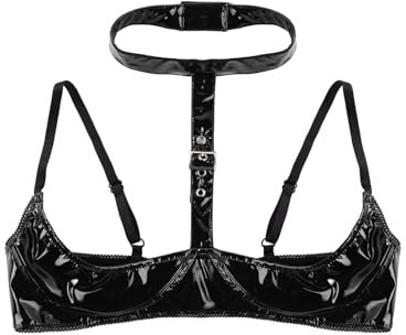 Lejafay Soggetto Wetlook per Donna Reggiseno Push Up Halter Brasier Aperto Esotico Lingerie Biancheria Intima Rave Pole Dance Bra Top Nero S