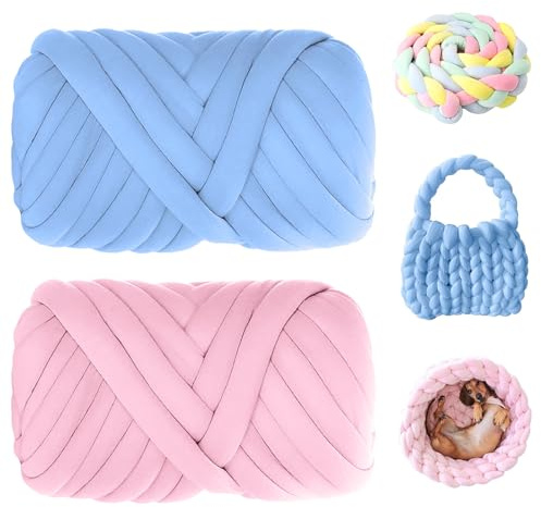 Jiavlyx 2 Piezas Pelote Laine Grosse Maille, 500g Fil À Tricoter Épais, 25mm Grosse Laine À Tricoter, Fil Géant Super Doux En Coton,Pour Tricot, Couverture, Tissage, Pull, Lit D'Animal (Bleu + rose)