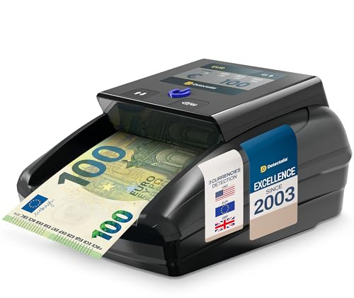 Detectalia D7T+ Détecteur de Faux Billets avec détection 100% et 5 systèmes de détection pour 3 devises EUR, GBP, USD et écran TFT