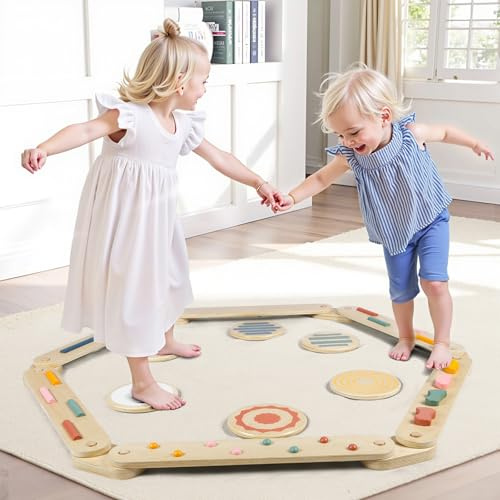 Poutre d'équilibre en Bois Montessori pour enfants, Jouet motricité bébé, Pierres équilibre antidérapantes, Jeu extérieur intérieur & parcours motricité, Planche bois Montessori pour tout-petits 18M+