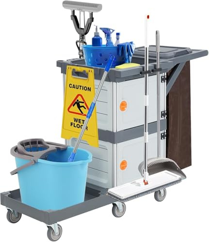 Carrello Pulizie Professionale,Carrello Per Pulizie Commerciali Di Hotel e Ospedali Con Armadietti Ripiani,Carrelli Multiuso Per Pulizia Con 6 Ruote e Sacco in Vinile Per Ufficio, Hotel, Capacità 300