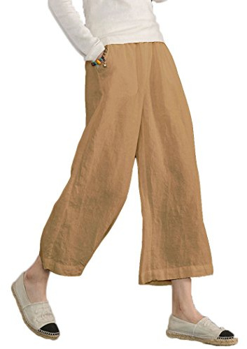 ECUPPER Women's Plus Size Elastic Waist Cotton Capri Pants Relaxed Loose Casual Cropped Trousers Yellow M