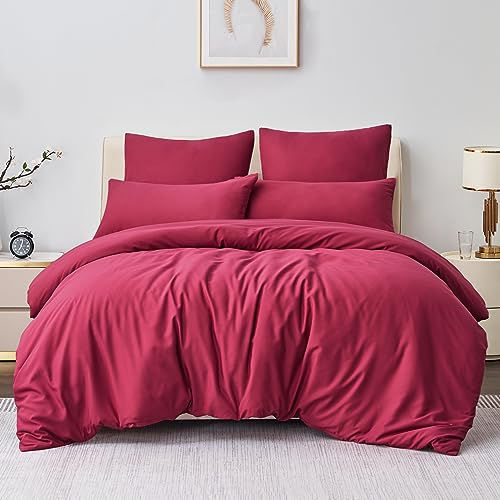 Aisbo Bettwäsche 220x240 3teilig Rot - Mikrofaser Bettwäsche-Sets mit Reißverschluss, ÖKO-TEX Bettbezug 240x220 cm 3tlg mit Kissenbezug 80x80 cm, Weich und Bügelfrei