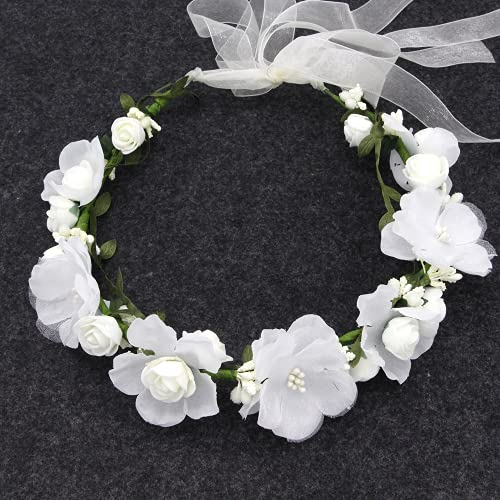 Blumen Stirnband,Braut Stirnband Blumen Damen Blumenkrone Girlande Stirnband Blumenkranz Hair Hoop Krone Haarband für Mädchen Hut Ornament Hochzeit Strand Reise Braut Hochzeit, Weiß