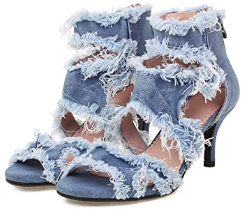 Bapolee Women's Open Toe Denim High Heeled Sandals Fashion Comfortable Ankle Strap Stiletto Shoes,6
