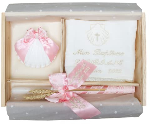 Kit de Luxe Personnalisé pour Baptême - Pack de Cierge décorée, Mouchoir et Coquillage Brodés - Coffret en bois avec le nom et la date du Baptême gravés - Modèle Paris (Rose)