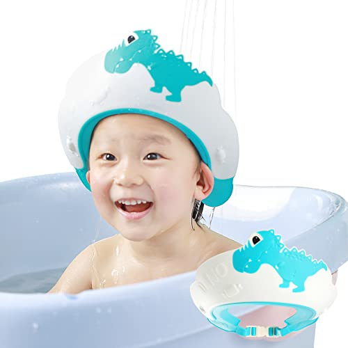 FUSACONY Baby Shower Cap Shampoo Cap for Kids Baby Hair Washing Shield Adjustable Bath Visor Face Shield for Toddler Kids Boys Girls Shower Hat to Stop Water in Eyes Dinosaur (Blue)