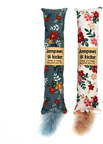 Jumpaws 2 Pack Natural Interactive Catnip & Silvervine Cat Kicker with Feathers, Bite Resistant Chew Toy, Crinkle Kicker, Accessories for Indoor Cat, Premium Corduroy Floral