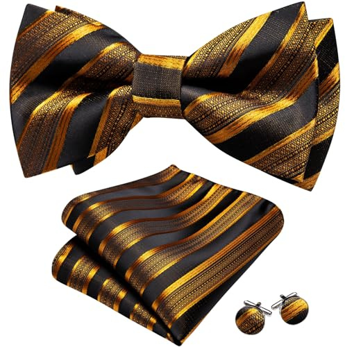 Barry.Wang Mens Gold Bow Tie Paisley Silk Pre-Tied Bowtie Pocket Square Cufflinks Set Formal Wedding Prom Party Tuxedo