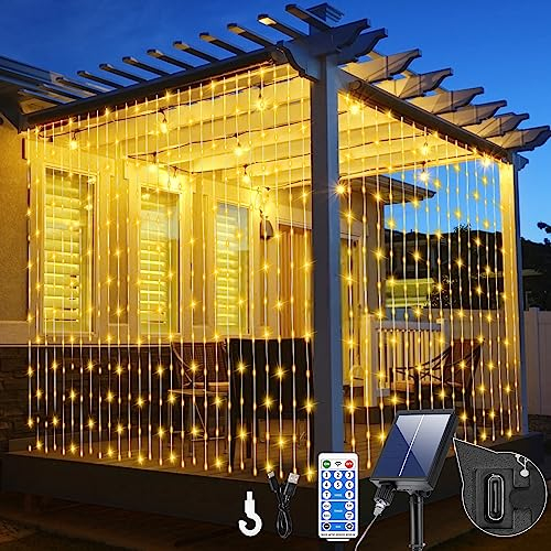 GCMacau Tenda Luminosa Solare, 6x3M 600 LED Solare Tenda Luminosa Natale Esterno, 8 Modalità, Impermeabile Luci Stringa Solari con Ricarica USB, Catene Luminose per Natale Matrimonio Valentino Festa