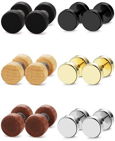 JeryWe 6Paare Ohrringe & Ohrstecker - Herren & Damen: 3Paare Holz Fake Plugs & 3Paare Edelstahl Runde Schraube Barbell Ohrstöpsel Faux Gauges Ohr Tunnel 18G 6mm