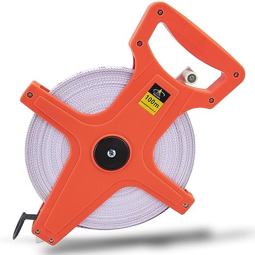 mycheng Open Reel Fiberglass Long 300 Ft Tape Measure Construction Track and Field 100 Meter Measuring Tape, Dual-Sided Measuring Reel with Feet and Meters