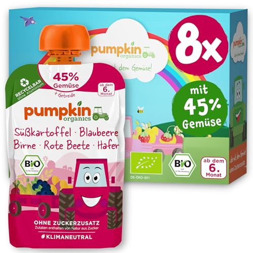 Pumpkin Organics Bio Gemüse-Getreide-Quetschies 8er Pack Süßkartoffel, Blaubeere, Birne, Rote Beete, Hafer ohne Zuckerzusatz¹ - ab dem 6. Monat - als Snack oder Beikost für unterwegs (8x100g)