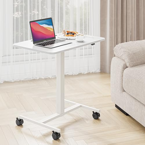 Dripex Mobile Standing Desk, 72 × 48 cm Small Height Adjustable Sit to Stand Laptop Desk, Rolling Compact Computer Desk on Wheels, Pneumatic Computer Workstation for Home Office(White)