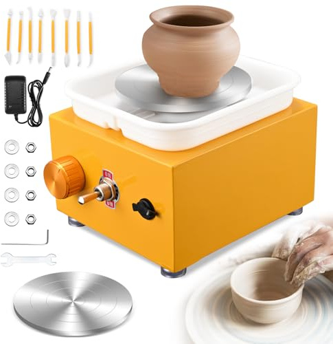 Töpferscheibe, Kooeuru Töpferscheibe Elektrisch 2000 U/min Einstellbare Geschwindigkeit, Pottery Wheel mit 10/6,5 cm Großen Platten, Formwerkzeugen, Töpferscheibe Kinder und Erwachsene (Gelb)