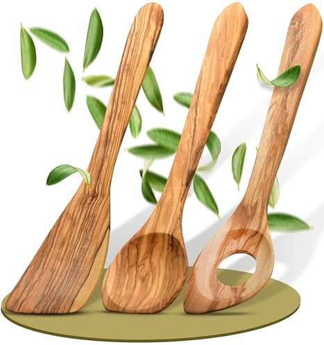 Kochlöffel Holz Set aus Olivenholz im 3er Pack - Made in Germany - Pfannenwender, Risottolöffel & Holzlöffel - Nachhaltig & aus Europa - Kochutensilien Set Naturholz