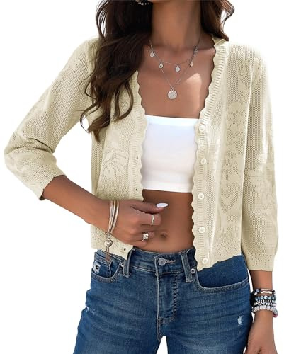 Kate Kasin Cardigan corto da donna Bolero alla moda leggero manica a 3/4 abbottonatura all'uncinetto strutturato coprispalle top, Beige Mandorla, XL