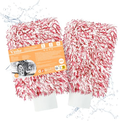 vsshe Guanto per lavaggio auto in microfibra, 2 Pezzi Guanto Lavaggio, Guanti in pile di corallo per Auto, Pulizia Professionale, 100% Senza Graffi,Assorbente e Morbido, Guantos Double Face per Auto