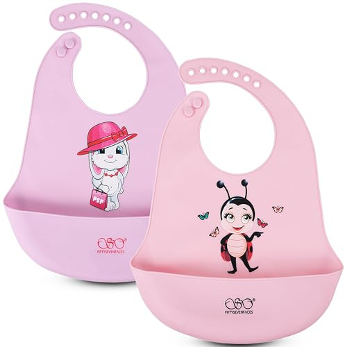 FIFTYSEVENFACES Bavaglino Silicone Neonato con Tasca Raccoglipappa – 2 Pezzi Impermeabili Senza BPA, Morbidi e Regolabili – Svezzamento e Pappa 6-36 Mesi – Facile da Pulire