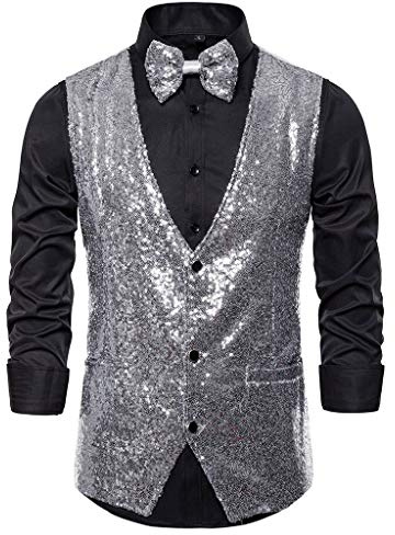 Gilet Costume Homme Ensemble,Gilet à Paillettes pour Hommes + Cravate,Sequin Veste à Paillette Gilets sans Manche,Tenue De Soiree pour Fête,Carnaval (Chemise Non Incluse)