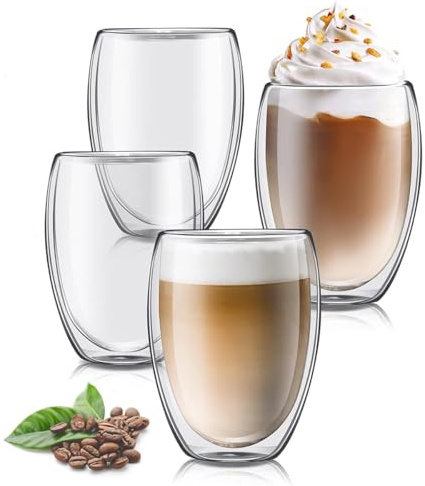 Dubbelväggiga kaffeglas, cappuccinokoppar, set om 4, 350 ml, transparent latte macchiato-glas, cappuccinoglas lämpliga för te, kaffe, mjölk, juice och andra drycker