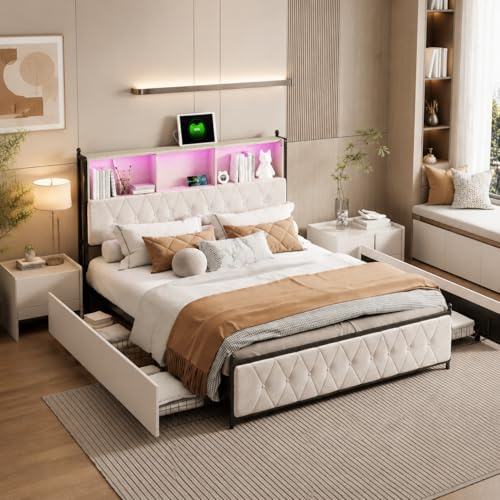 Zorvani Letto imbottito 160 x 200 cm con Contenitore, Letto matrimoniale con USB e LED, con 4 cassetti, Funzionale con testiera, Struttura letto con rete a doghe, in Velluto