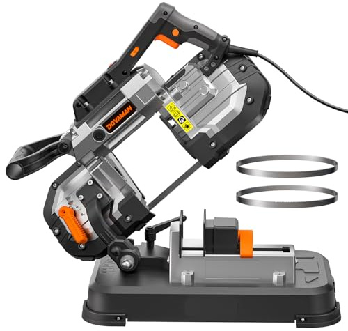 DOVAMAN Portable Band Saw, 10A 5-Inch Cutting Capacity Handheld Corded Bandsaw, 6-Speed Variable Control, 0°–45° Adjustable Angle, Band Saw for Cutting Metal and Woodworking, Includes 2 Saw Blades