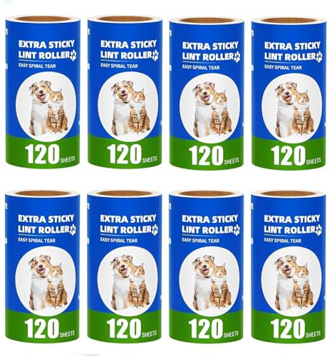 Omtofo 960 Hojas Rodillo Quitapelusas 8 Rollos, Super Adhesivo Rodillo Quitapelos Mascotas, lint Roller para Ropa, Sofá, Cama, Pelo De Gato (120 Hojas/Rollos)