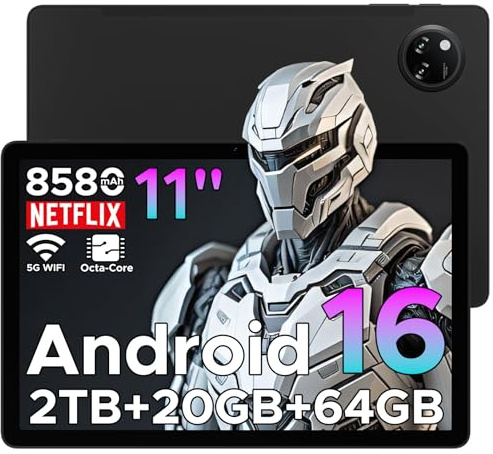 Tab A9+ Android 16 Tablet 11 Pollici, Unisoc T7200 Octa Core, 8580mAh, 90Hz-1080P, 20GBRAM+64GB/2TB TF, 13MP+5MP, Tablet Gaming, Gemini AI, WiFi 5/OTG/Face ID/Widevine L1/GPS/Doppio Altoparlante-Nero