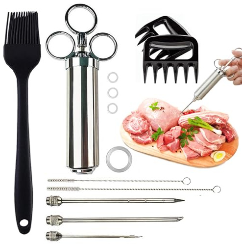 Iniettore per carne in acciaio inox da 60 ml con 3 aghi, siringa per marinata per barbecue, carne di tacchino per manzo, pollo e maiale, lavabile in lavastoviglie, facile da pulire