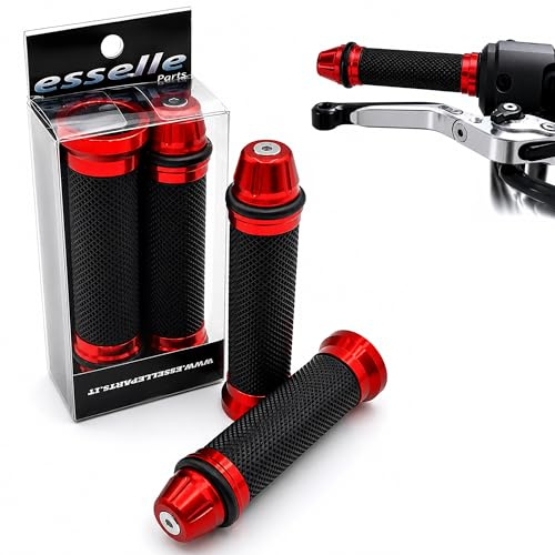 Manopole Moto Scooter Universali 22/25 mm Antiscivolo Rosso con Contrappesi in Alluminio Integrati | Coppia Manopole Manubrio Plug & Play per Moto Scooter Quad