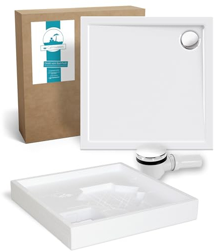 Calmwaters® Duschwannen-Set Modern Select, Flache Acryl-Brausewanne mit Wannenträger und Excenter-Ablaufgarnitur, 80 x 80 x 2,5 cm, Komplettset Acrylwanne, Bodengleicher Einbau, Weiß, 99000119