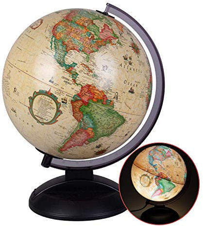 Gardner Illuminated 10 Diameter Globe, USA Cartography with Sturdy Plastic Base and Antiqie Ocean. World globes have been used for ages in helping to understand the size and shape of the world we live in. This rotating, illuminated antique globe truly brings to light the different features of the world while highlighting different explorers, sea voyages, and ocean currents with water temperatures. Displayed on a plastic base with a power cord and on/off switch. A perfect gift for any geography loving child or fun classroom addition. Add to your household or workspace for a soft-lit ambiance.