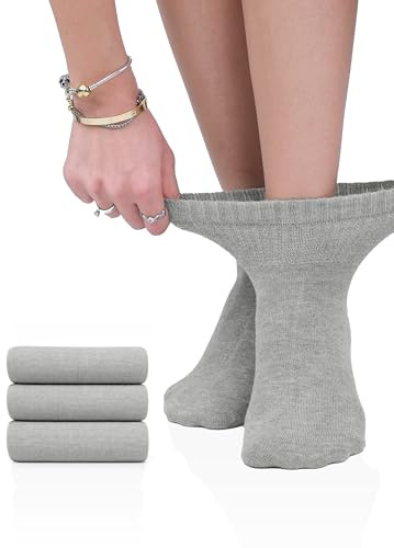 Hugh Ugoli Women's Rayon Ankle Loose Fit Diabetic Socks, Soft, Seamless Toe, Wide Stretchy, Non-Binding Top, 3 Pairs, Light Grey, Shoe Size: 6-9