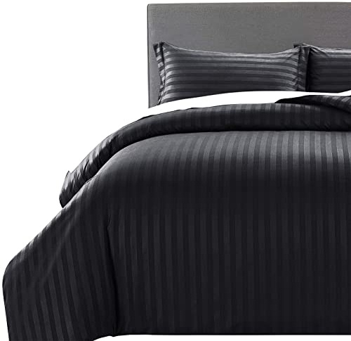 MOONLIGHT20015 Juego de funda de edredón tamaño King, juegos de ropa de cama de satén a rayas de calidad de hotel con 2 fundas de almohada, reversibles, suaves y transpirables (negro, King)
