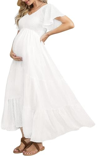 Swiss Dot Smocked Maternity Dress for Photoshoot, Flowy V Neck Ruffle Sleeve Empire Waist Tiered Maternity Dress Baby Shower B White