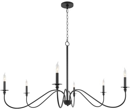 Kira Home Archer 47 6-Light Large Farmhouse Black Chandelier, Modern Black Ceiling Fixture with Elegant Curved Swoop Arms, Black Finish