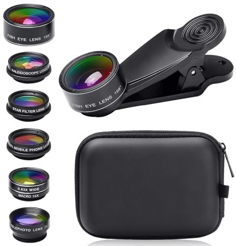 GAESHOW Phone Camera Lens Kit, 7inPhone Lens Attachments Clip-on Smartphone Lens Kit with 0.63x° Wide Angle Lens & 15x Macro Lens, 198° Fisheye Lens, 2xTelephoto Lens for Most Smartphones